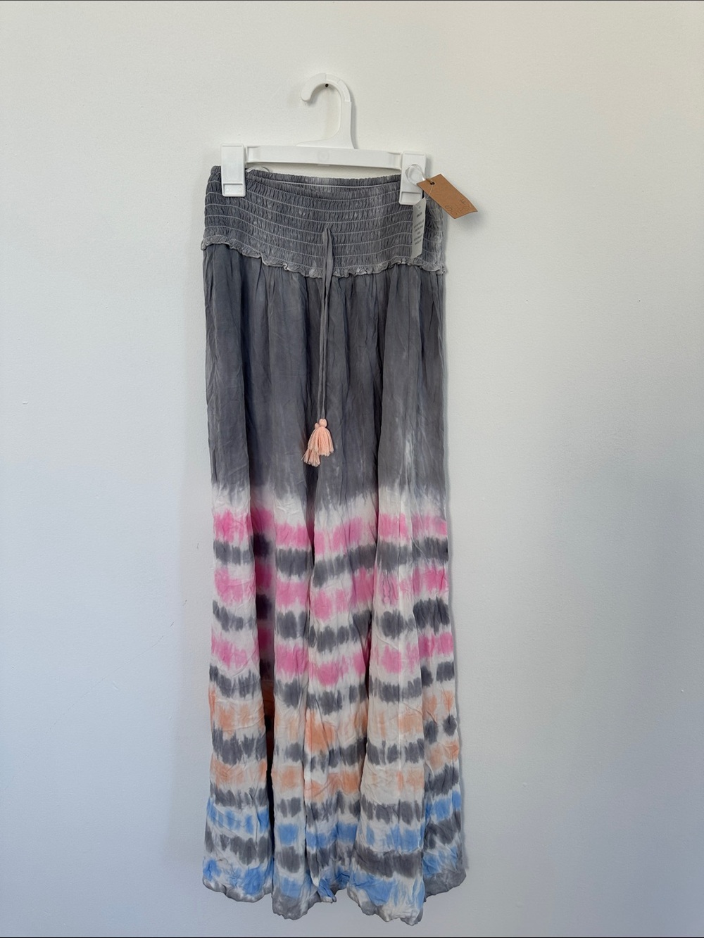 Grey Tie-Dye Maxi Skirt with blue, gray Pink & Peach Accents